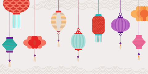 Colorful hanging lanterns against a patterned background create a festive atmosphere