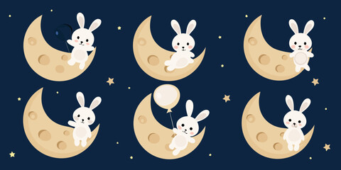 Cute white rabbits sitting on crescent moons under a starry night sky