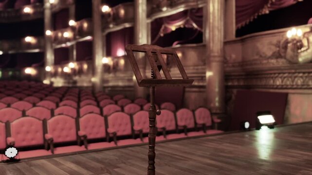 An elegant old opera house features a wooden music stand on stage. Rows of plush red seats are visible in the background, highlighting the venues historic charm and grandeur.