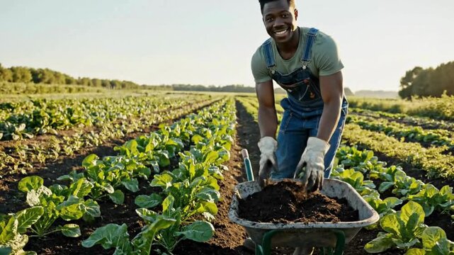 Happy African American farmer smiles while tending to vast rows of green crops with a wheelbarrow full of fresh soil amendment.