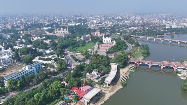 Aerial view of Kudiya Ghat on the Gomti River in Lucknow, India