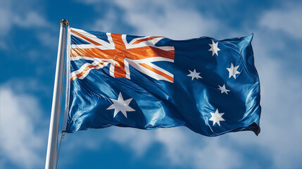 Australian National Flag Waving in the Wind Against Clear Blue Sky, Symbol of Independence, Patriotism and National Identity