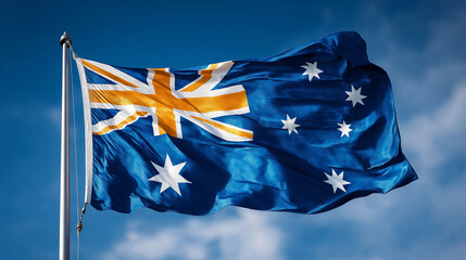 Australian National Flag Waving in the Wind Against Clear Blue Sky, Symbol of Independence, Patriotism and National Identity