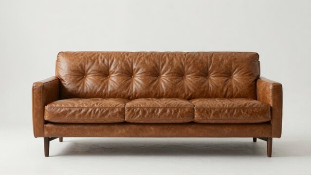 Brown leather sofa with tufted backrest