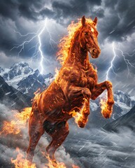 Fiery horse symbolizes strength and power for the year 2026 in a dramatic landscape with mountains and stormy sky