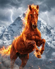Fiery horse symbolizes energy and transformation in the year of 2026 during a dramatic mountain storm