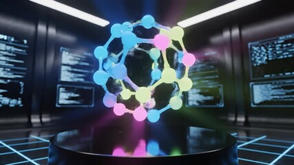 Neon molecular structure hologram floating above podium futuristic laboratory with glowing atoms and bonds, digital holographic screens, neon molecular model hovering above glossy pedestal - Powered by Adobe