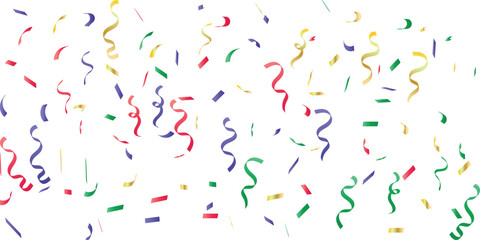 Colorful confetti and ribbons scattered isolated on white background for celebration