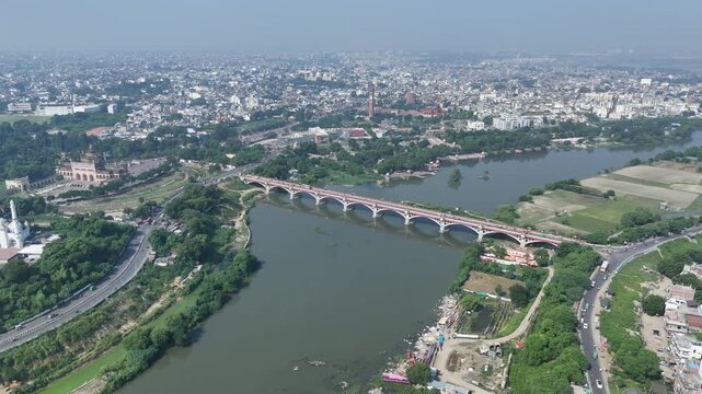 Aerial view of Kudiya Ghat on the Gomti River in Lucknow, India