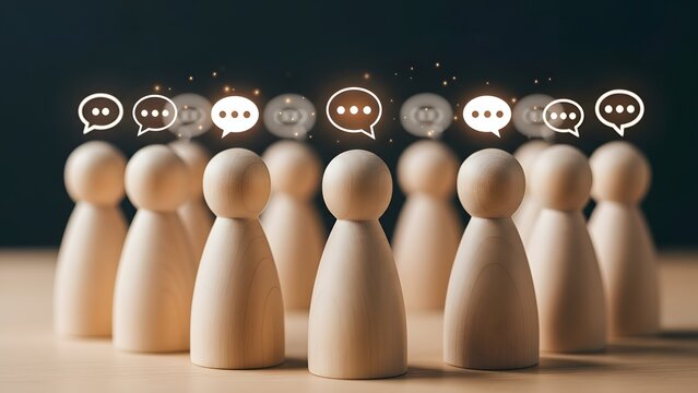 Wooden peg figures with speech bubbles representing communication, discussion, and social media interaction for community connection and idea sharing. - Powered by Adobe