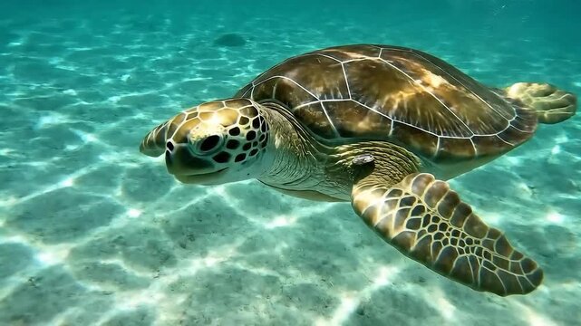 Sea turtle floating on crystal clear turquoise water surface with sunlight reflection on sunny day