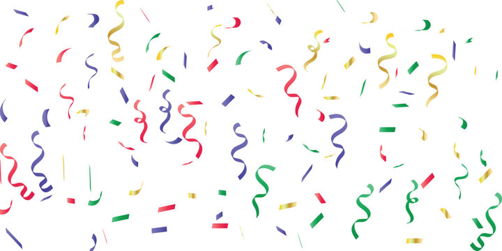 Colorful confetti and ribbons scattered isolated on white background for celebration