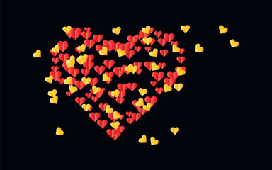 A large heart shape made of many small red and yellow hearts on a black background with a white 
border at the bottom