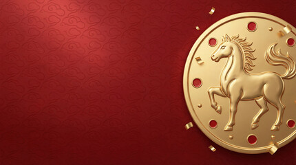 Chinese New Year 2026, Year of the horse, 3d rendering of golden lucky coin with stallion relief and confetti on red background