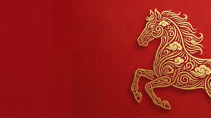 Chinese New Year 2026, year of the horse, gold paper cut style design with traditional clouds pattern on red background