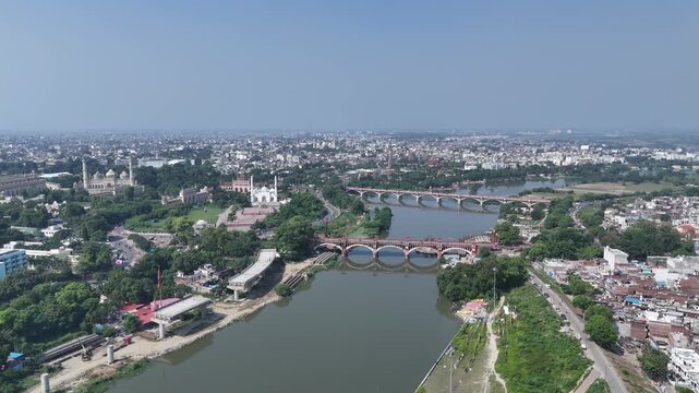 Aerial view of Kudiya Ghat on the Gomti River in Lucknow, India