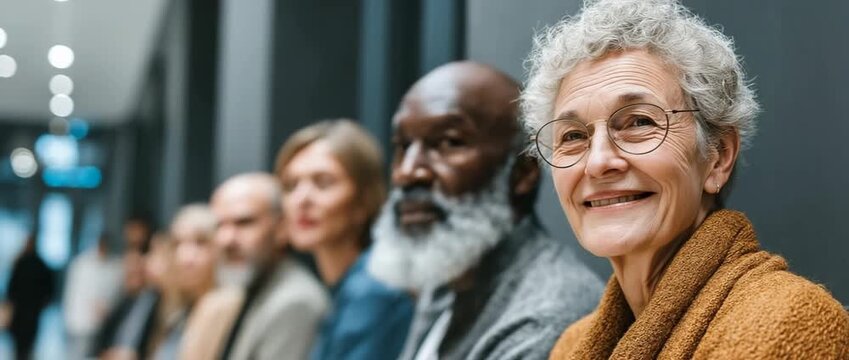 A contemporary hospital clinic reception room with a diverse group of people patiently waiting