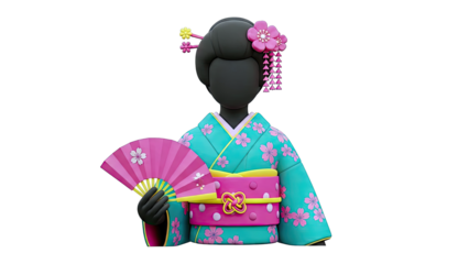 3D render of a traditional Japanese Geisha figure with a fan