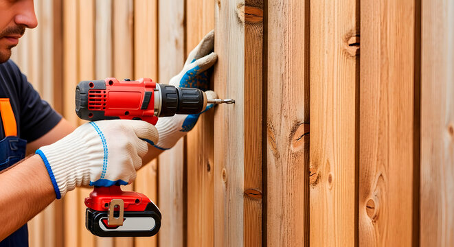 Caucasian man drilling into a wooden fence with a cordless drill. Diy home renovation and building concept. Handyman at work.