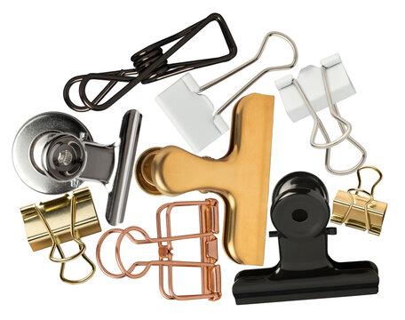 assortment of binder clips and bulldog clips in various sizes and colors, including gold, black, and silver.