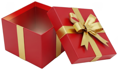 Open red gift box with gold ribbon and bow on transparent background