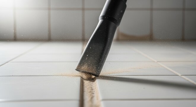Closeup of grout removal dust being vacuumed from shower tile gaps preparing the area for regrouting treatment.