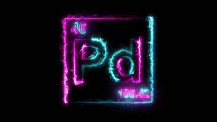 Palladium periodic table element symbol hologram animation showing atomic number and atomic weight, glowing chemical element on black background in 4K for science, education, and technology visuals.