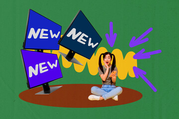 Composite art image collage of happy businesswoman freelancer hold pc monitor phone new device hacker arrow progress concept