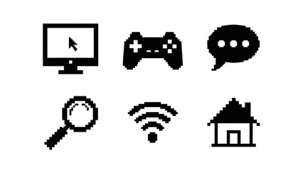 Pixelated icons computer game controller speech bubble and more © Saji