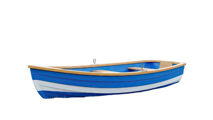 Blue and White Rowboat with Wooden Trim