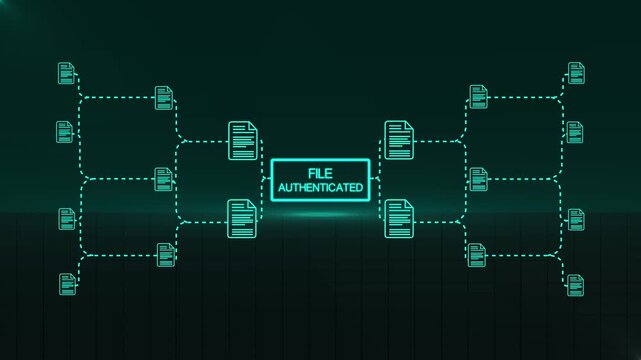 Digital File authenticated animation ai system validation process cyber security network interface blockchain document approved concept glowing technology background .Animation...