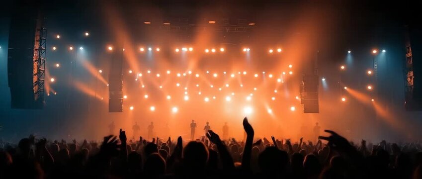 silhouettes of a dancing throng in spectacular concert lighting. notion of shared feelings and rhythmic motion