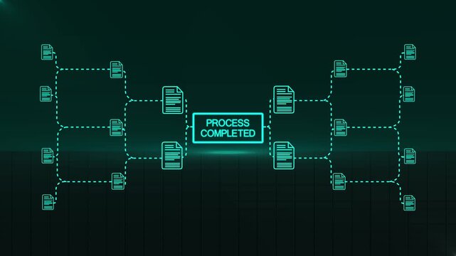 Digital process complete animation ai system validation process cyber security network interface blockchain document approved concept glowing technology background .Animation...