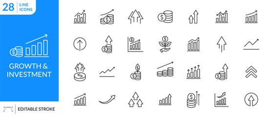 Growth icon set. Investment, gain, improvement, grow, chart, increase, growing graph, business, performance. Vector editable stroke