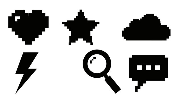 Pixelated icons heart star cloud bolt magnifying glass speech bubble