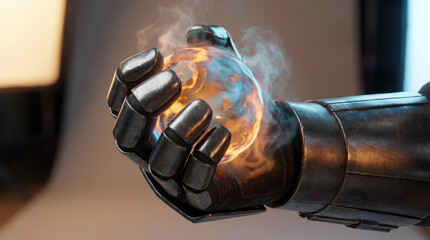 A metallic hand holds a bright light source with visible energy emanating from it against a neutral toned background indoors