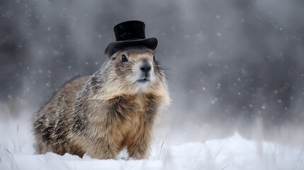 marmot in top hat in the snow in winter,Groundhog Day