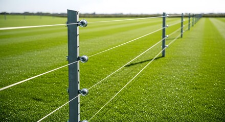Obraz premium Electric fence stretching across a vibrant green field. Fencing designed for livestock control or property boundary. Modern agricultural perimeter solution.