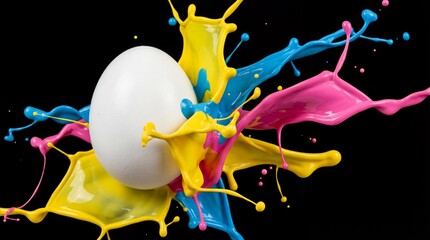 White egg exploding with colorful paint splashes on black background  