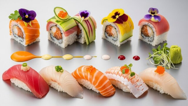 Meticulously Crafted Assortment of Edible Art Sushi Rolls and Nigiri Showcasing Fresh Seafood and Culinary Presentation