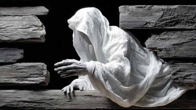 A haunting ghost figure wearing a white cloak in a dark setting.