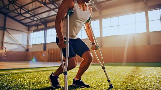 Male athlete on crutches training on indoor turf, practicing balance and strength during rehabilitation in sunlit sports hall, controlled strides, athletic shorts and sneakers, determined posture, phy