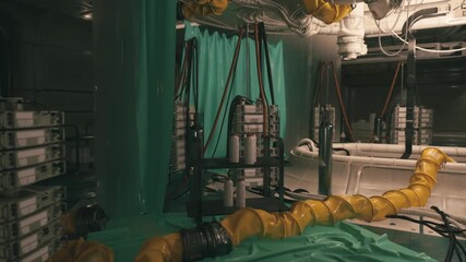 A secret bunker hosts various scientific laboratory equipment, with yellow hoses and protective coverings revealing an active research environment focused on advanced experiments.