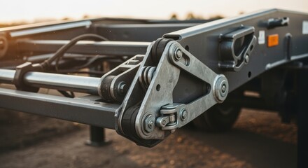Closeup of mechanical joints and locking mechanisms clicking into place during the trailers unfolding operation.