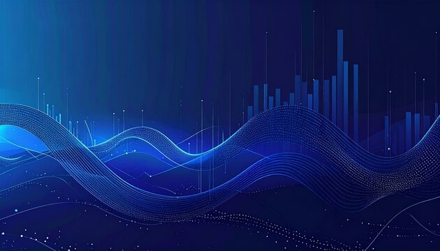 Abstract blue wave background with financial data visualization, representing economic growth and market trends