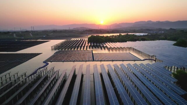 Solar photovoltaic power station array on water at sunset with reflections and distant mountains