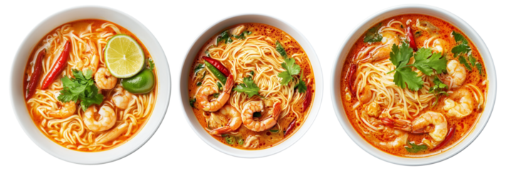 Spicy shrimp noodle soup Tom Yum served in bowl, garnished with lime wedges and parsley, isolated on white background