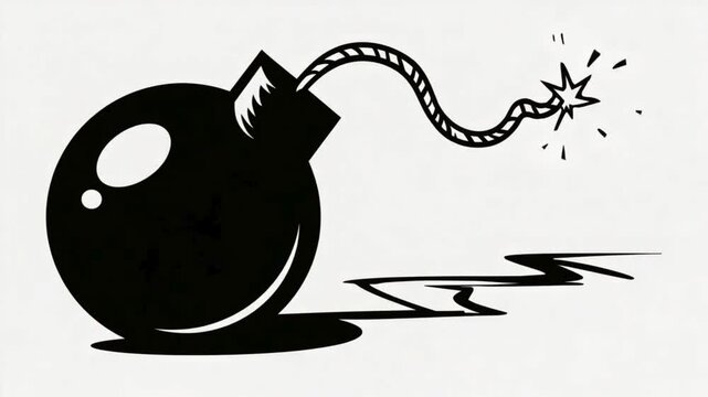 Black cartoon bomb with a lit fuse exploding with a spark in a minimalist animated style