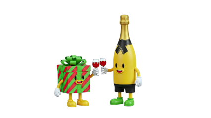 Cartoon gift and champagne bottle toasting with wine