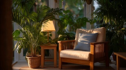 Fototapeta premium A bright sunroom with a cozy reading nook, featuring a small chair and side table surrounded by lush plants, turning a tiny area into a tranquil escape. cinematic color correction, natural uneven